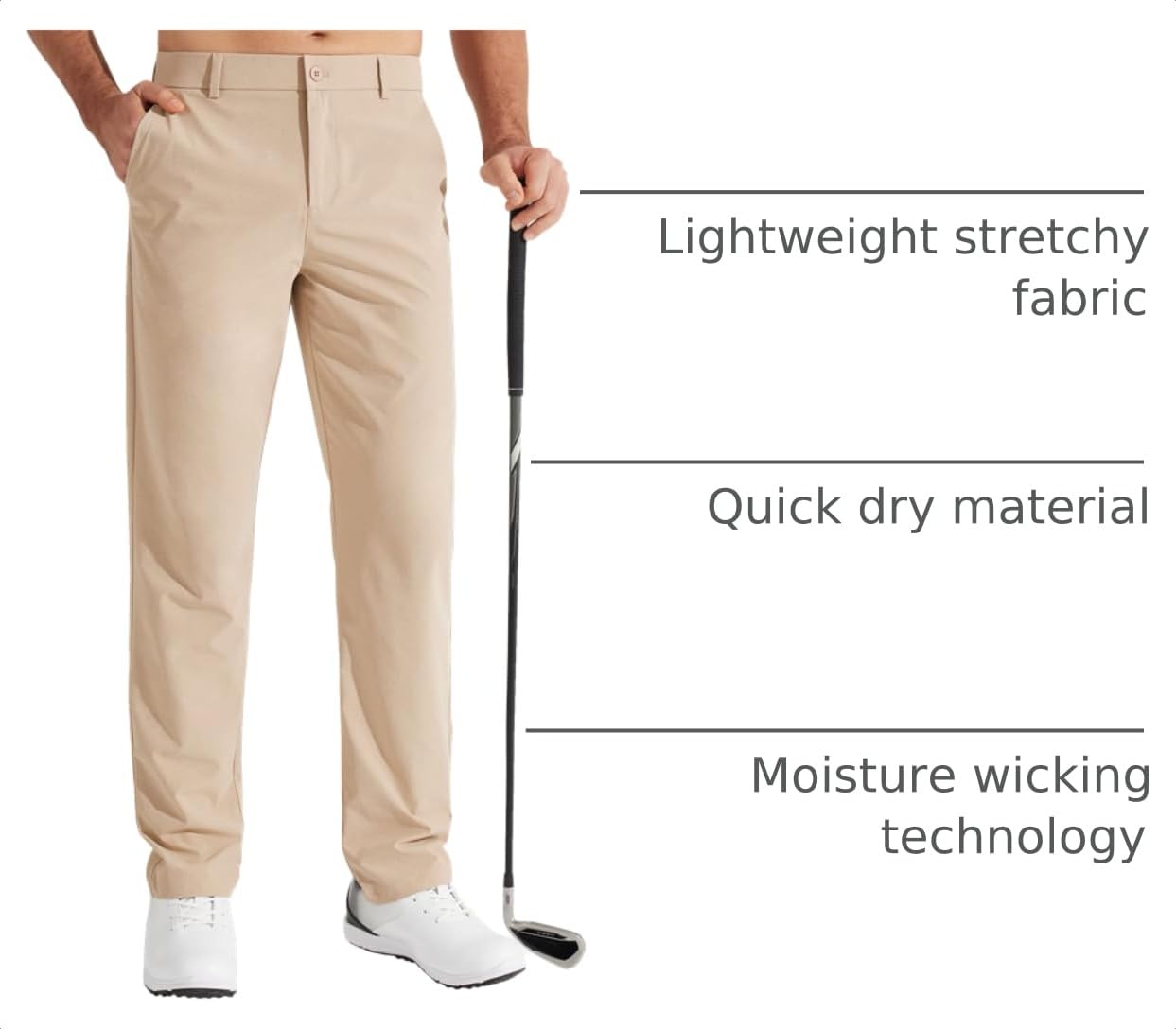 Libin Mens Golf Pants Stretch Work Dress Pants 30" Quick Dry Lightweight Business Casual Pant for Men Comfy Water Resistant, Khaki, 28W x 30L