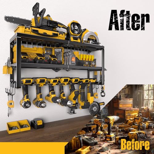 Power Tool Organizer for Tool Storage, Drill Holder Wall Mount with Screwdriver Organizer, Tool Holder for Garage Wall Organization, Heavy Duty Metal Tool Shelf with Battery Holder