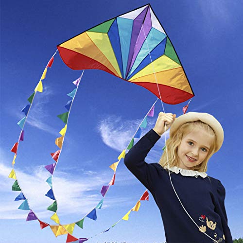 Large Rainbow Delta Kite for Kids & Adults - Easy to Fly