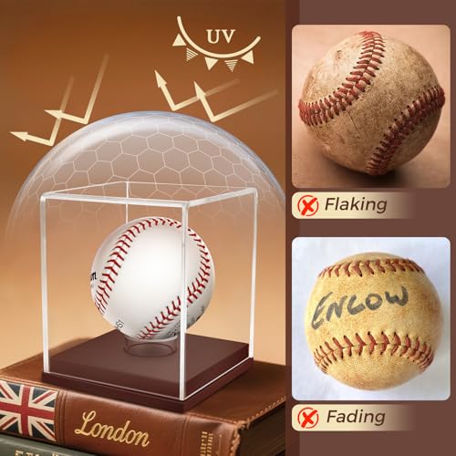 Baseball Display Case - UV Protected Acrylic Cube with Wooden Base for 1 Ball - Brown