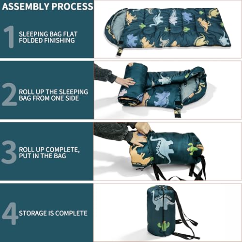 Kids Camping Sleeping Bag - Green Dinosaur, Lightweight Waterproof 3-Season for Boys & Girls