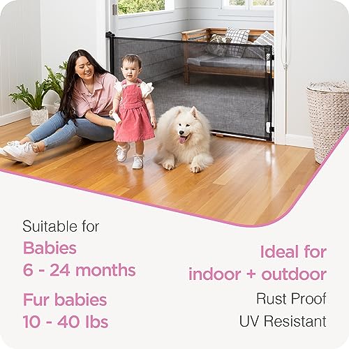 Perma Child Safety Retractable Baby Gate, 71" Wide x 33" Tall, Mesh for Stairs, Doorways, Indoors, Outdoors, Dogs, One-Hand Operation, Locks, Easy Install, Black