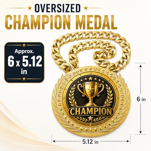 Oversized Champion Medal Necklace - 6" Gold-Tone Sports Award - Champion