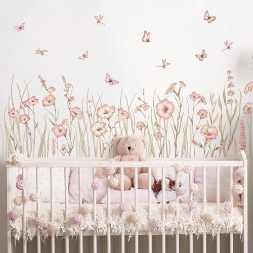 SHUCHING 61''X22 Pink Flower Wall Decal Peel and Stick, Vinyl Wildflower Wall Stickers, Floral Wall Decor Art for Living Room Girl Bedroom