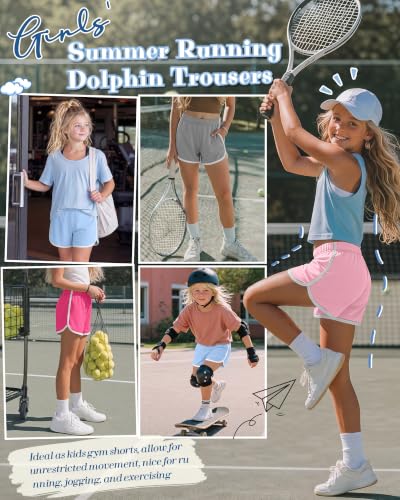 4 Pack Girls' Athletic School Shorts - 9-10 Years, Rose Red, Pink, Blue, Light Heather Gray