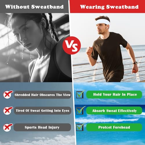 Moisture-Wicking Sweatbands - 3 Pack Headbands for Men & Women - Black