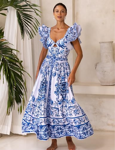 FLAXMAKER Blue & White Porcelain Pattern One-Piece Swimsuit with Skirt - Elegant Beachwear