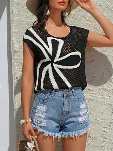 Dokotoo Women's Black Large Crochet Floral Summer Top with Cap Sleeve