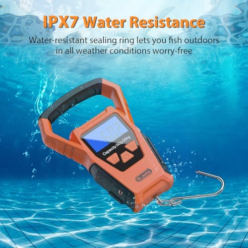 Digital Fish Scale Waterproof 50kg/110lb with Handle & Hook, Backlit LCD