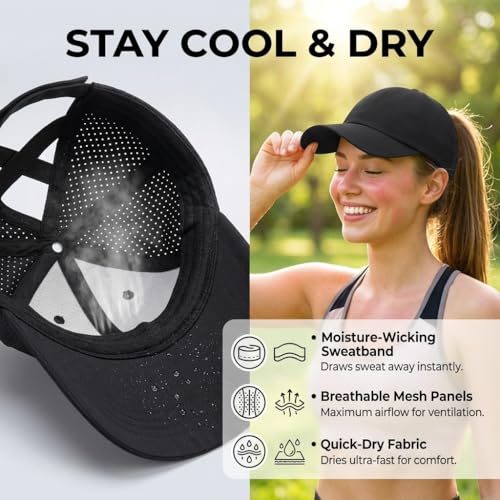 BUTITNOW Women's Medium Black Criss Cross Ponytail Baseball Cap - Adjustable Mesh Trucker Hat