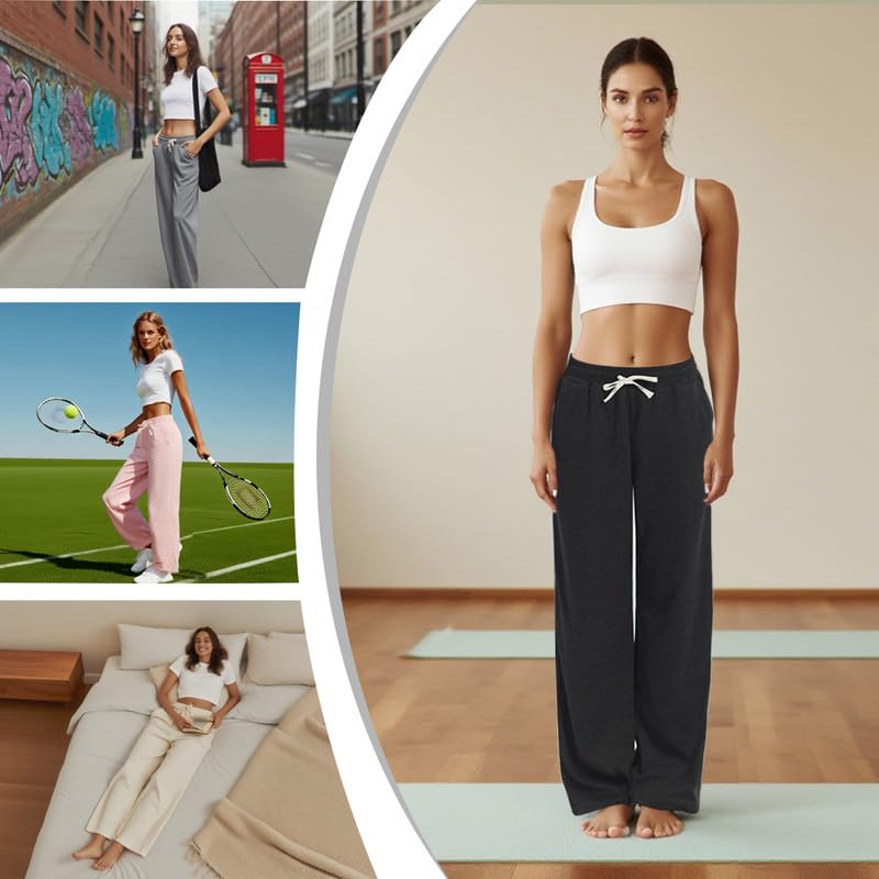 OAKVON 3-Pack Womens Lounge Pants with Pockets, Wide Leg Sweatpants, Soft Comfy Pajama Bottoms with Drawstring Waist
