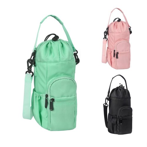 AMIVIE Water Bottle Carrier Bag,32/40oz Water Bottle Holder with Strap,with Adjustable Shoulder Strap 2 Pockets Sports Water Bottle Accessories for Hiking Travelling Camping (Green)