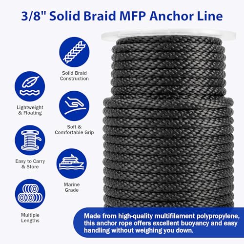 HOKINETY Marine Grade Anchor Rope 3/8 Inch x 150FT Black Floating Braid with Stainless Steel Thimble & Shackle