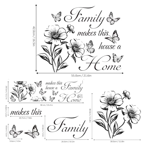 Family Makes This House a Home - Wall Quote Decals with Floral & Butterfly, Inspirational Quote Wall Stickers for Living Room, Bedroom, Glass Window, Removable Vinyl Decor