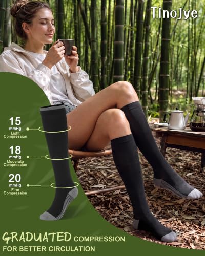 Tinojye Bamboo Compression Socks Women Large-X-Large Black White 15-20mmHg Knee-High Support