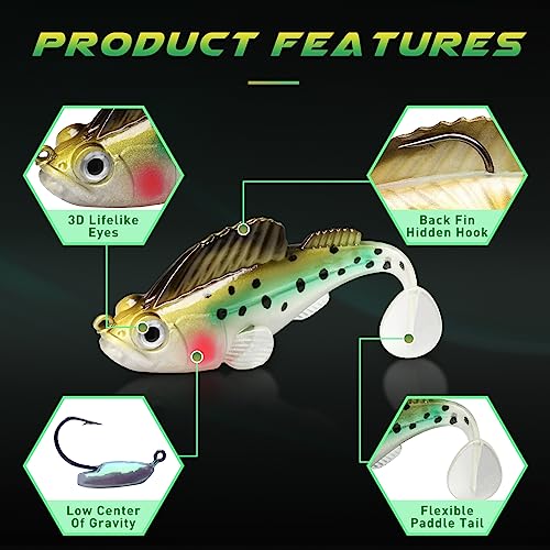 GOTOUR A1-2.8'' 0.4oz Pre-Rigged Soft Fishing Lures with Weedless Hooks for Bass & Trout