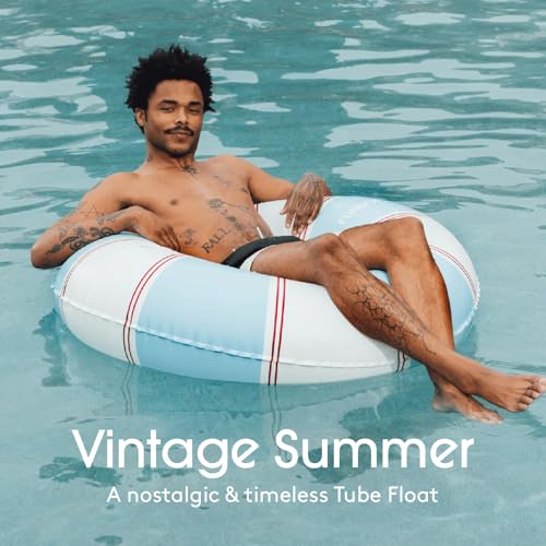 FUNBOY 46" Vintage Blue and Red Stripe Pool Tube Float with Cup Holder