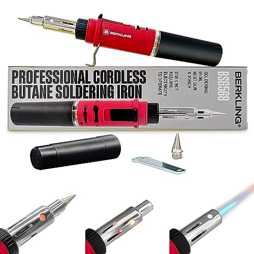 Berkling BSG-568 3-IN-1 Cordless Butane Gas Soldering Iron, Heat Gun Blower, Mini Torch - Self-Ignite, Instant Start, Rechargeable, Light Weight, Portable, Adjustable Flame Control, Up to 90 Mins