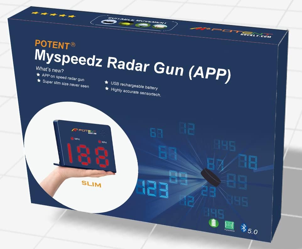 Potent Speed Radar Gun 2.0 - App-Enabled Hockey Shot Speed Tracker with USB Rechargeable Battery & Adjustable Angles