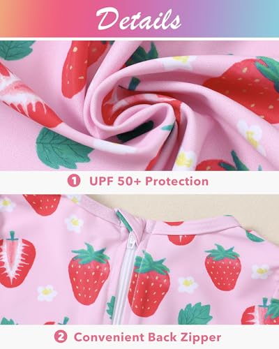 Toddler Girls One-Piece Swimsuit - Long Sleeve Ruffle Zipper Bathing Suit UPF 50+ - Pink Strawberry (3-4T)