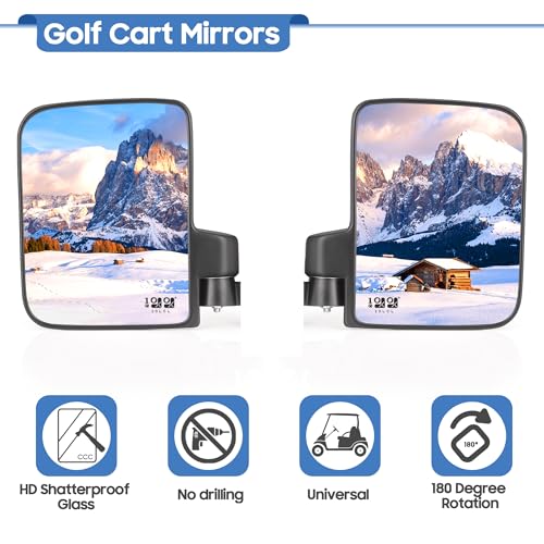 Golf Cart Side Mirrors - HD Shatterproof Glass, 180° Adjustable