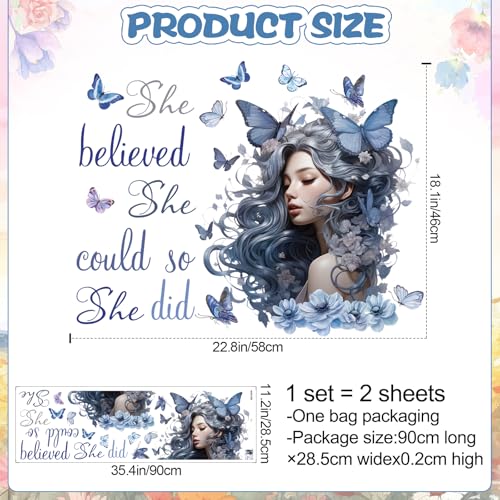 Blue Inspirational Wall Quote Decals She Believe She Could So She Did Wall Stickers DIY Peel and Stick Butterfly Positive Sayings Mural for Women Girls Bedroom Living Room Wall Decor