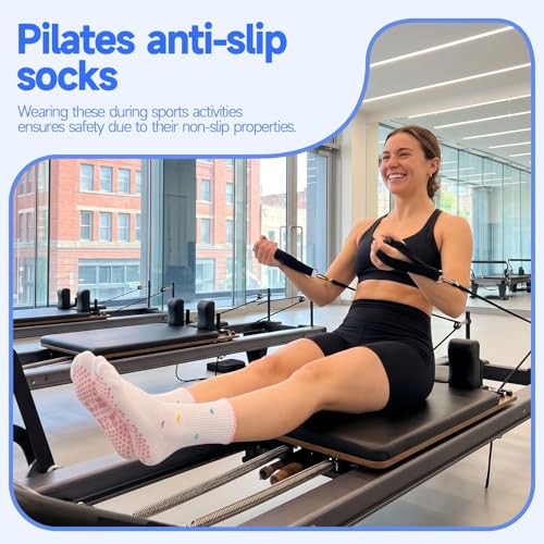 Women’s Pilates Socks with Grips - Cotton Ruffle Crew Socks - Pastel Berry Bow