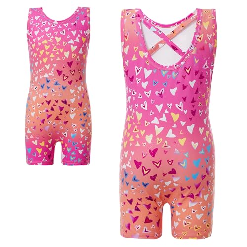 Girls Sparkly Mermaid Gymnastics Leotard with Shorts - Neon Love Heart 5-6Y
