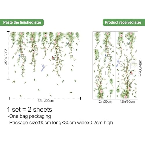 Hanging Vine Wall Decals Removable Birds Green Leaf Wall Stickers Peel and Stick Plants Home Art Decor for Kids Girls Teens Nursery Bedroom Living Room Sofa TV Background Wall