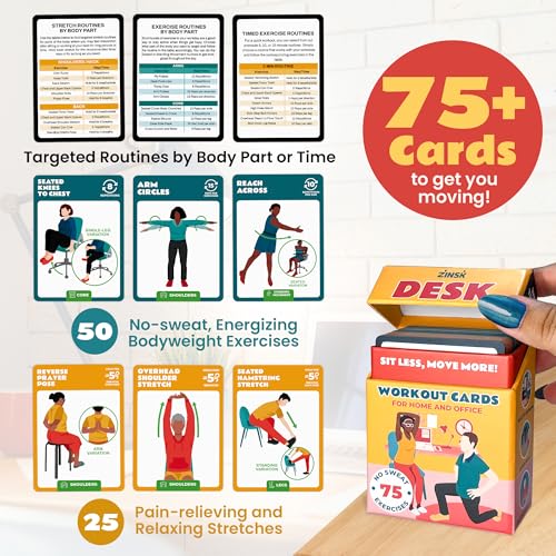Zinsk 75 Desk Workout Cards - Desk Exercise Deck for Office, Includes 50 Bodyweight Moves & 25 Stretches