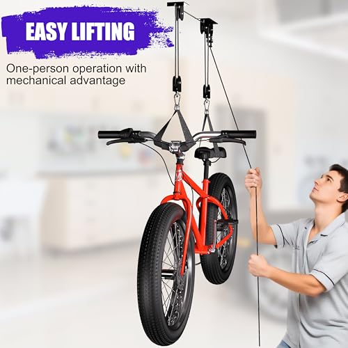 Bike Hoist, Heavy Duty Ebike Lift Pulley System for Garage Ceiling Overhead Storage for Bicycle, Ladders, Snowboard, Holds Up to 85 lbs Capacity, Fit 10-16 Foot High Ceilings