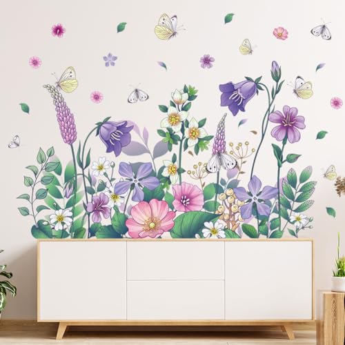 Purple Flower Wall Decal Peel and Stick Floral Butterfly Wall Sticker Green Plant Leaf Wall Art Murals for Bedroom Living Room Nursery Decor