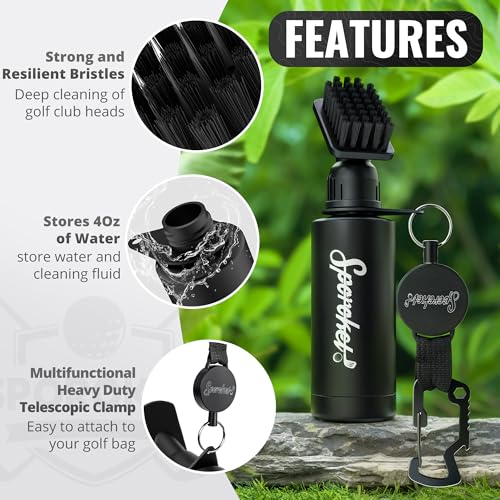 Golf Club Brush Cleaner with Retractable Steel Cable & Water Bottle