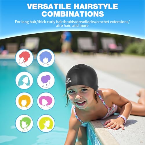 Kids Swim Caps for Long Hair - 2 Pack Silicone, Black & Blue
