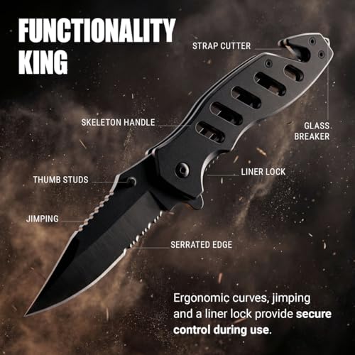 Compact Tactical Knife - 2.68" Serrated Blade - Black Folding Tool with Glass Breaker & Seatbelt Cutter