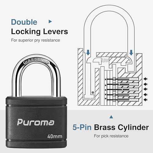 Puroma 2 Pack Keyed Padlock with 3 Keys Alike, 1.1 Inch Locker Lock 40mm Heavy-Duty Locks for Gate Fence Hasp Cabinet Toolbox School Gym Locker (Black)