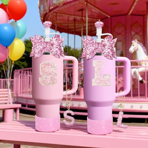 7-Piece Tumbler Accessory Set with Letter Charm and Silicone Boot - Pink L