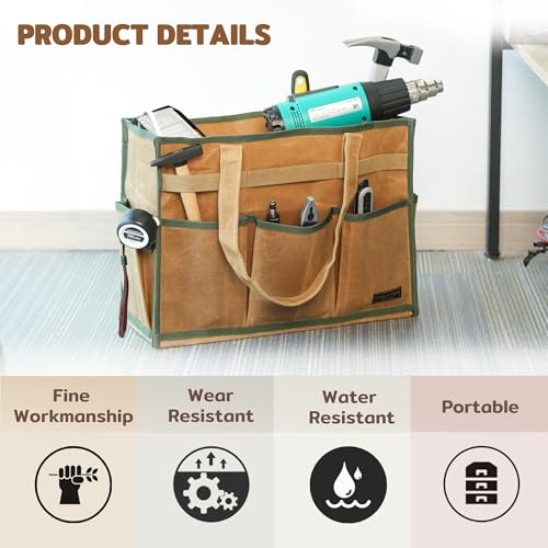 Heavy-Duty Waxed Canvas Tool Tote Bag ? Large Capacity Tool Organizer with 14 External Pockets & Padded Handle | Durable Storage Tote for Contractors, Electricians & DIY (16.5" x 7" x 12", Khaki)