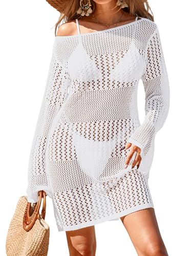 Womens Crochet Boat Neck Swimsuit Cover Up Mini Dress - Small White