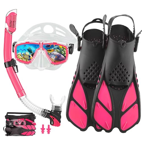Snorkeling Gear Set for Adults - Anti-Fog Mask, Fins & Bag - Pink, US Men 4-8.5 | US Lady 6-9.5