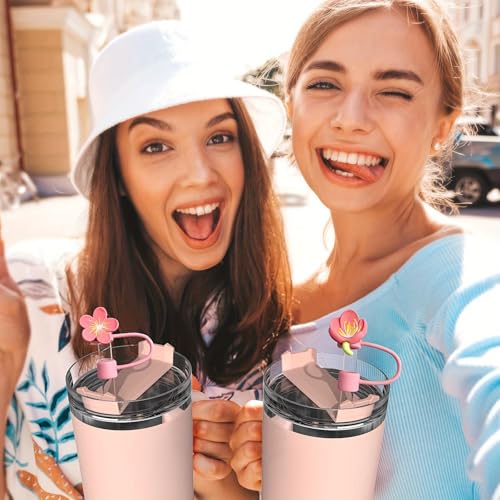 Pink Flowers Straw Toppers - Silicone Covers for 30&40 Oz Tumblers - 6Pcs