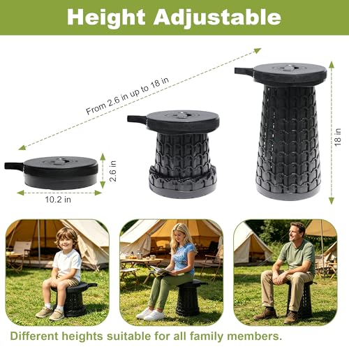 ALEVMOOM 18-Inch Black Collapsible Camping Stool, Adjustable Height, 800lbs Capacity