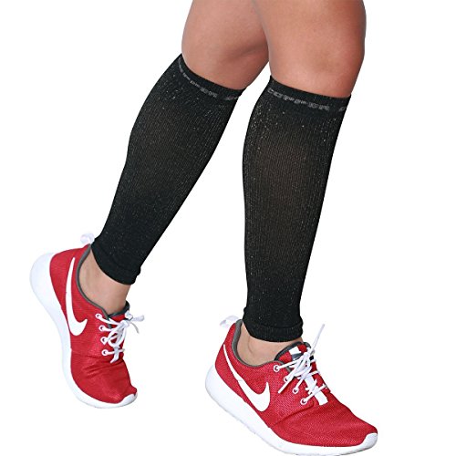 Compression Calf Sleeves for Runners - Black with Copper Yarn - Large/X-Large
