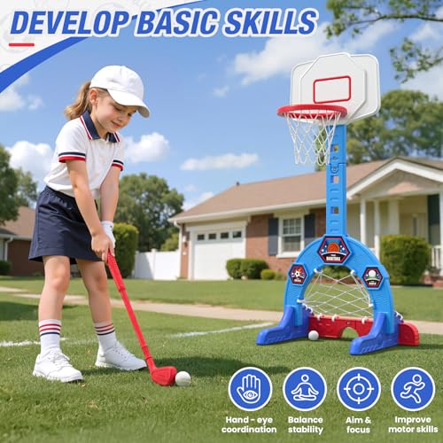 3-in-1 Kids Sports Activity Center with Basketball Hoop, Soccer Goal & Golf Game - Adjustable Height
