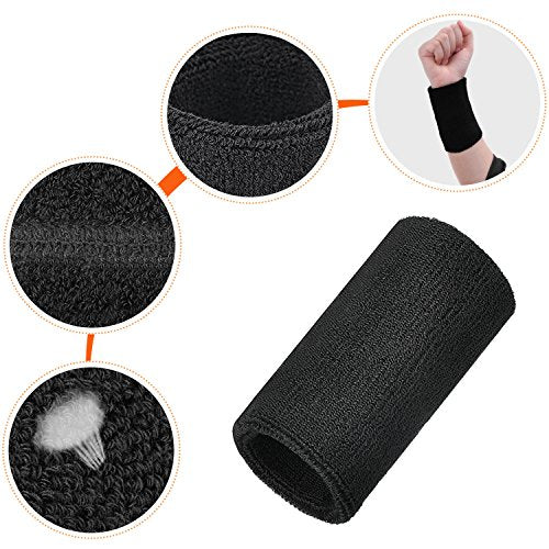 6 Inch Wrist Sweatbands - Black Cotton Athletic Bands for Sports