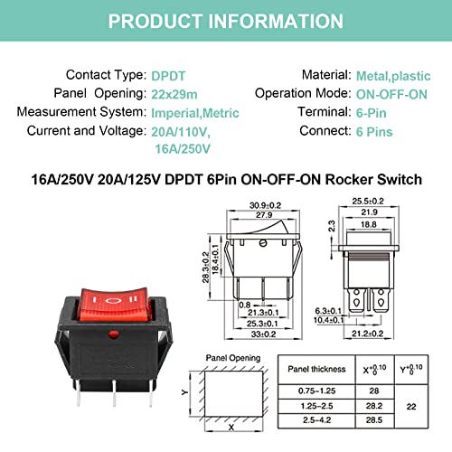 DPST 6 Pin ON-Off-ON Rocker Toggle Switch - Red, 2 Pack