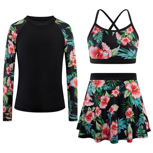Girls Long Sleeve Swim Shirt 3 Piece Rash Guard Set - Black, 13-14 Years