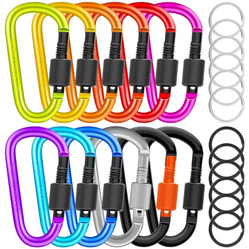 12 Pack Locking Carabiner D Ring Clips with Flat Key Rings for Outdoor & Everyday Use