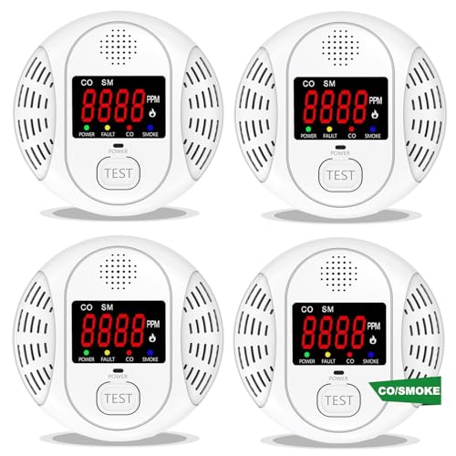 Carbon Monoxide and Smoke Detector Equipped with LCD Display, Battery Powered, Dual Sensor Alarm, 85dB Voice Alarm and Real-time CO Tracking, Suitable for Home/Kitchen/Bedroom/RV 4Pack