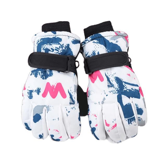 Kids Cold Weather Ski Gloves - Warm, Water-Repellent, Fit 4T-8T - White/Pink/Blue Print